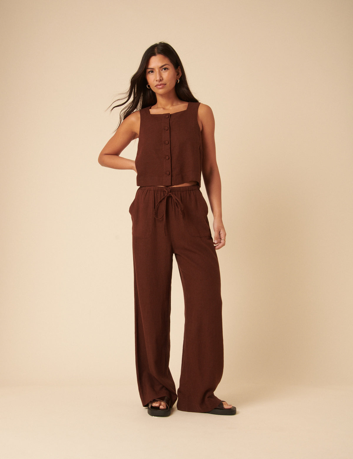 Brown Linen-Blend Button Front Top
