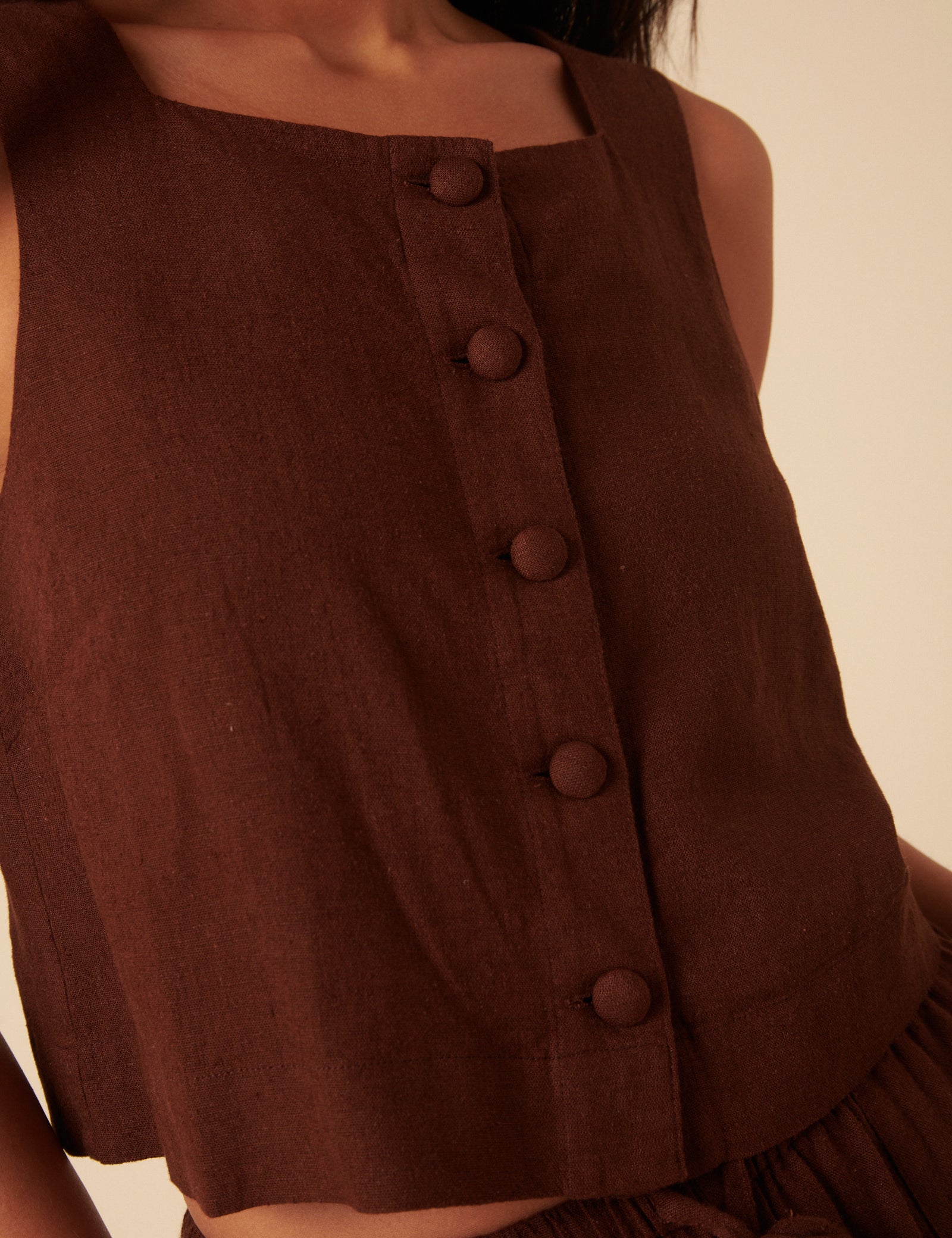 Brown Linen-blend Button Down Swing Top