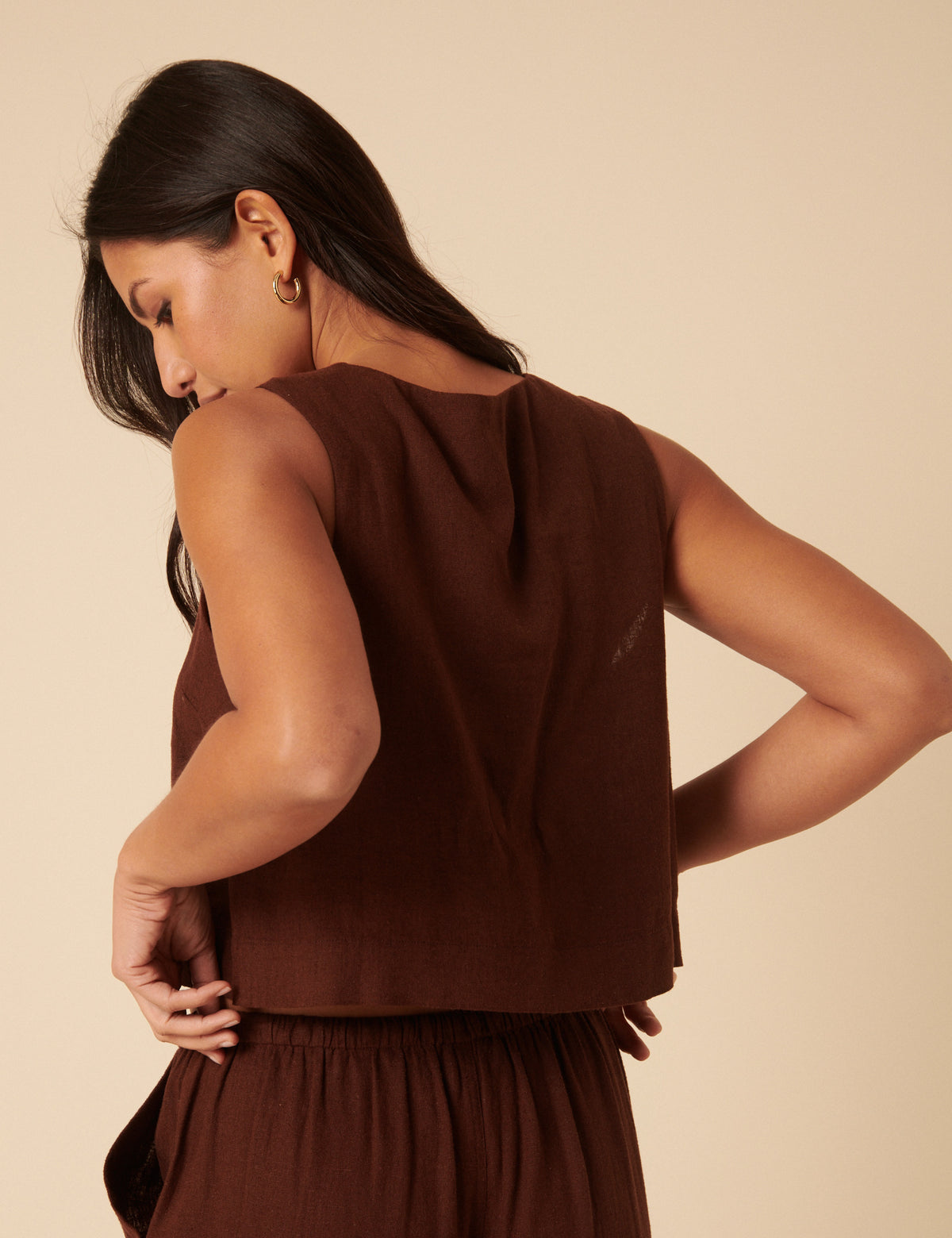 Brown Linen-Blend Button Front Top