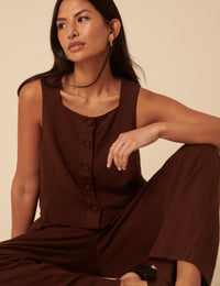 Brown Linen-blend Button Down Swing Top
