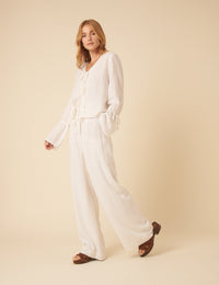 White Linen-blend Tie Front Blouse