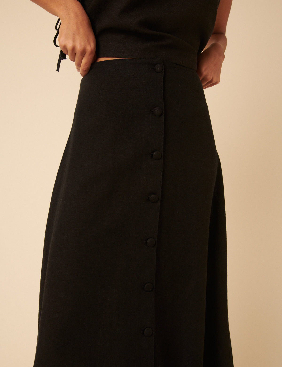 Black Linen-Blend Button Down Midi Skirt