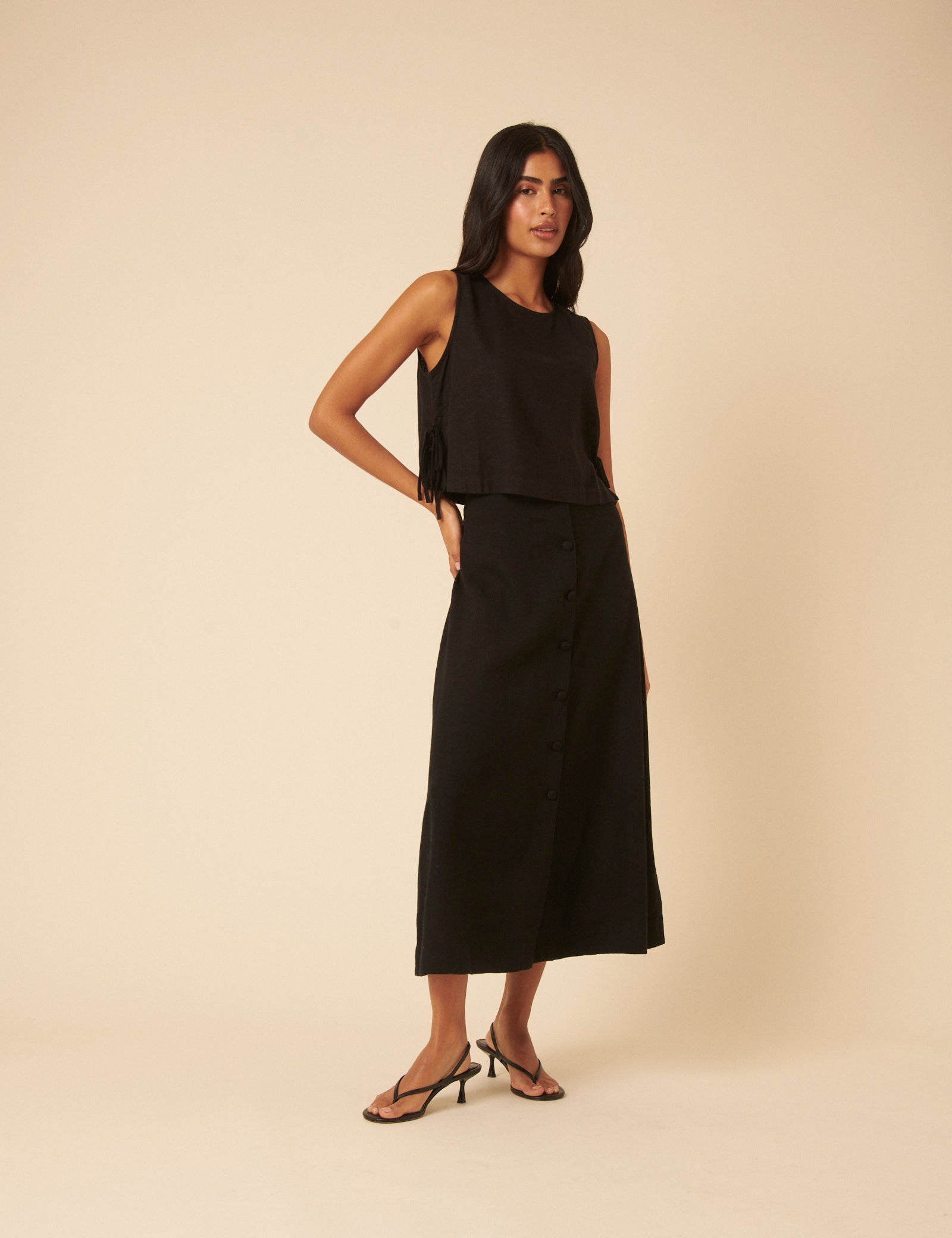 Black Linen-blend Button Down Midi Skirt - Main Image