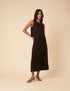 Black Linen-Blend Button Down Midi Skirt