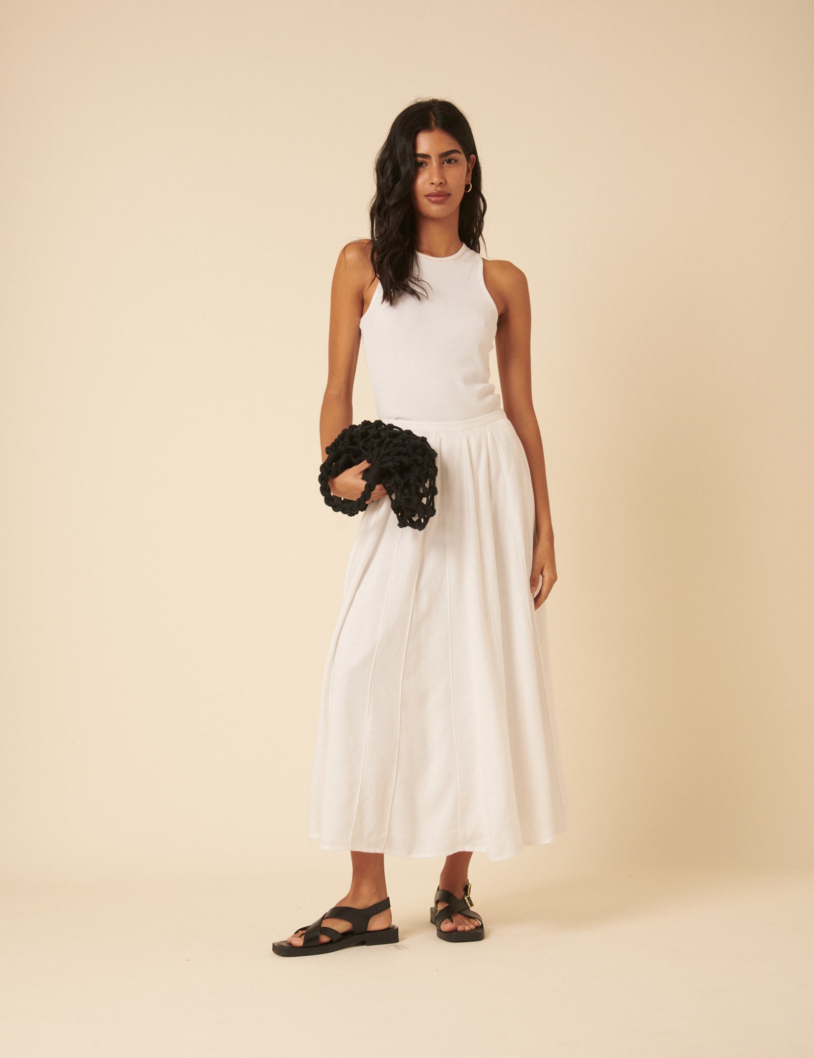 White Linen-Blend Midi Skirt