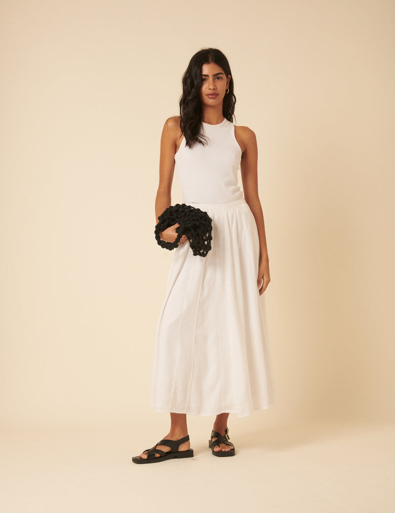 White Linen-Blend Midi Skirt