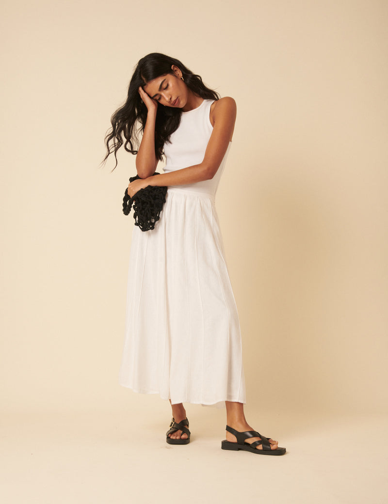White Linen-Blend Midi Skirt