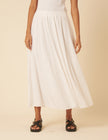 White Linen-Blend Midi Skirt