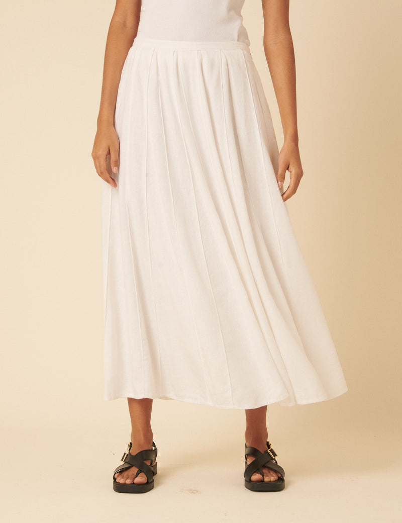 White Linen-Blend Midi Skirt