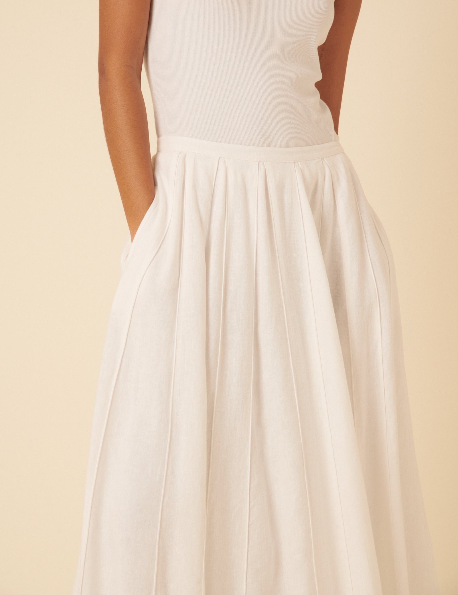 White Linen-Blend Midi Skirt