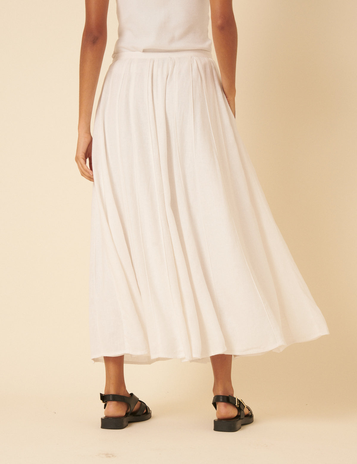 White Linen-Blend Midi Skirt