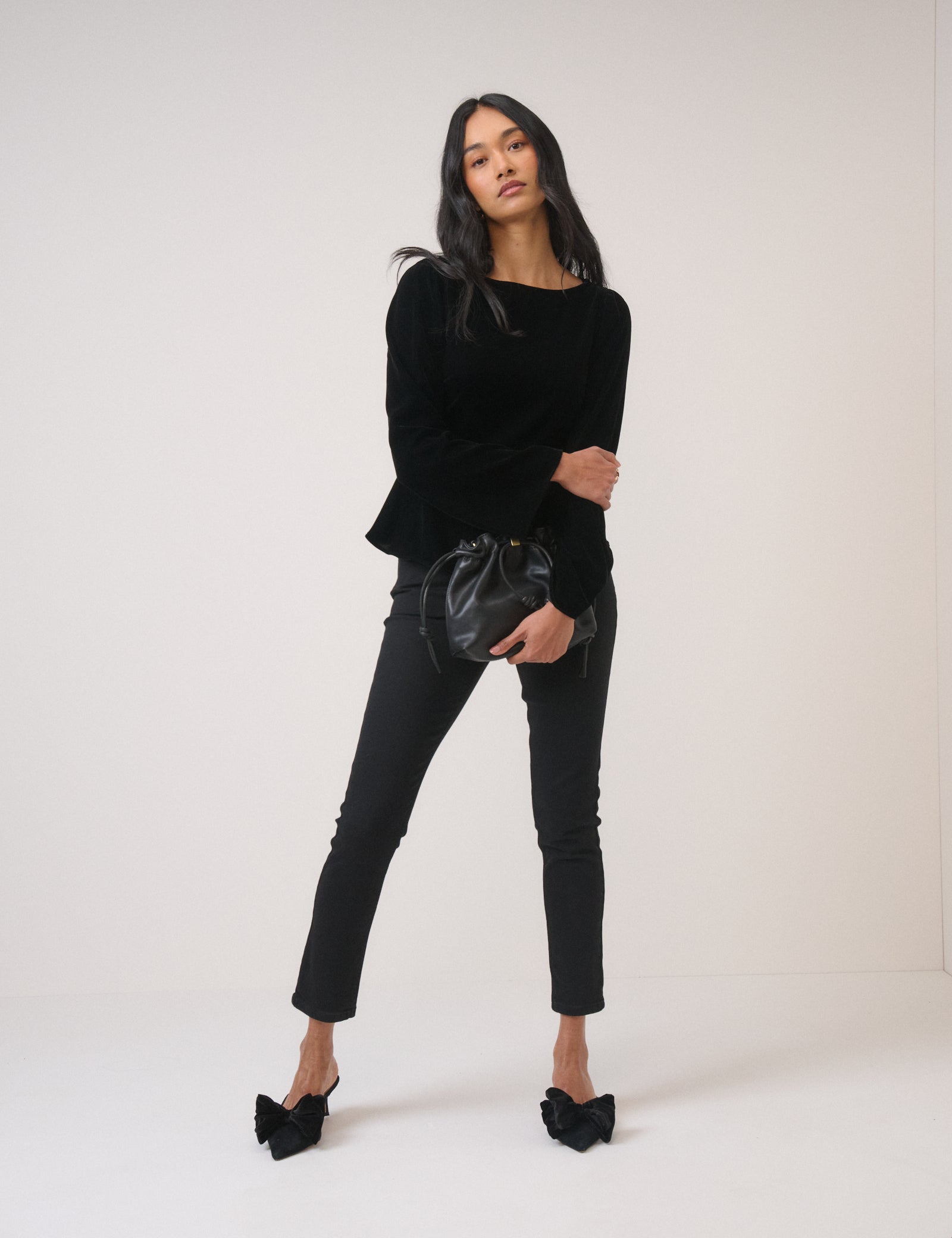 Black Velvet Long Sleeve Peplum Top