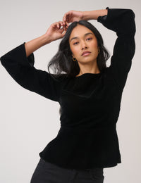 Black Velvet Long Sleeve Peplum Top