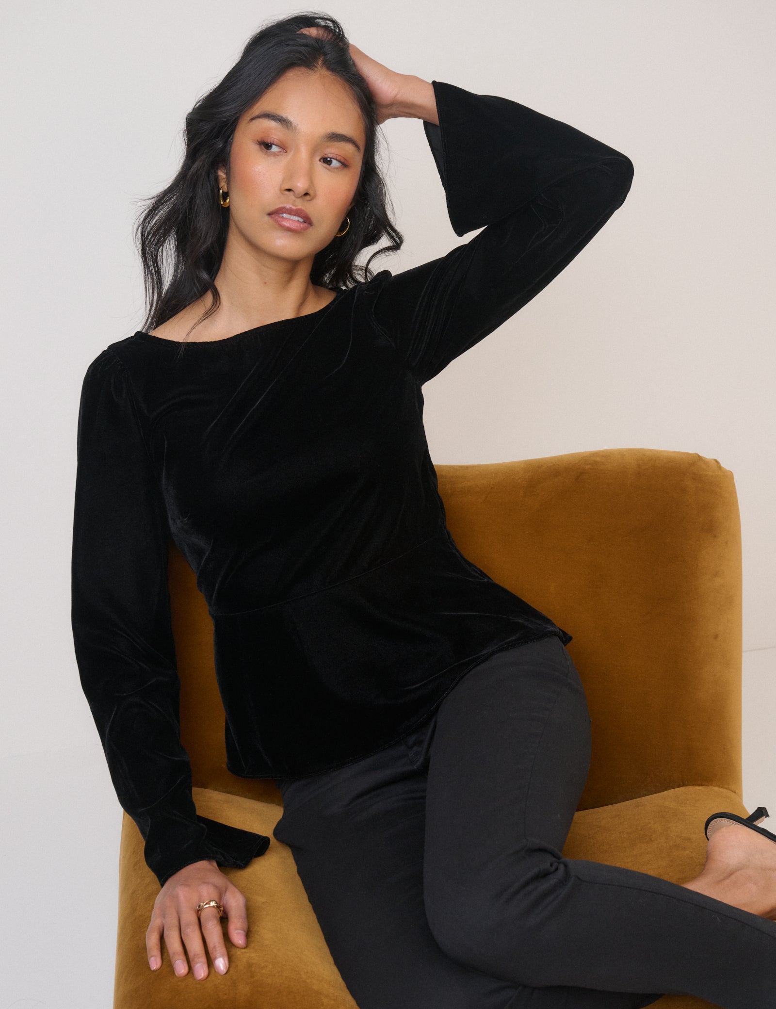 Black Velvet Long Sleeve Peplum Top