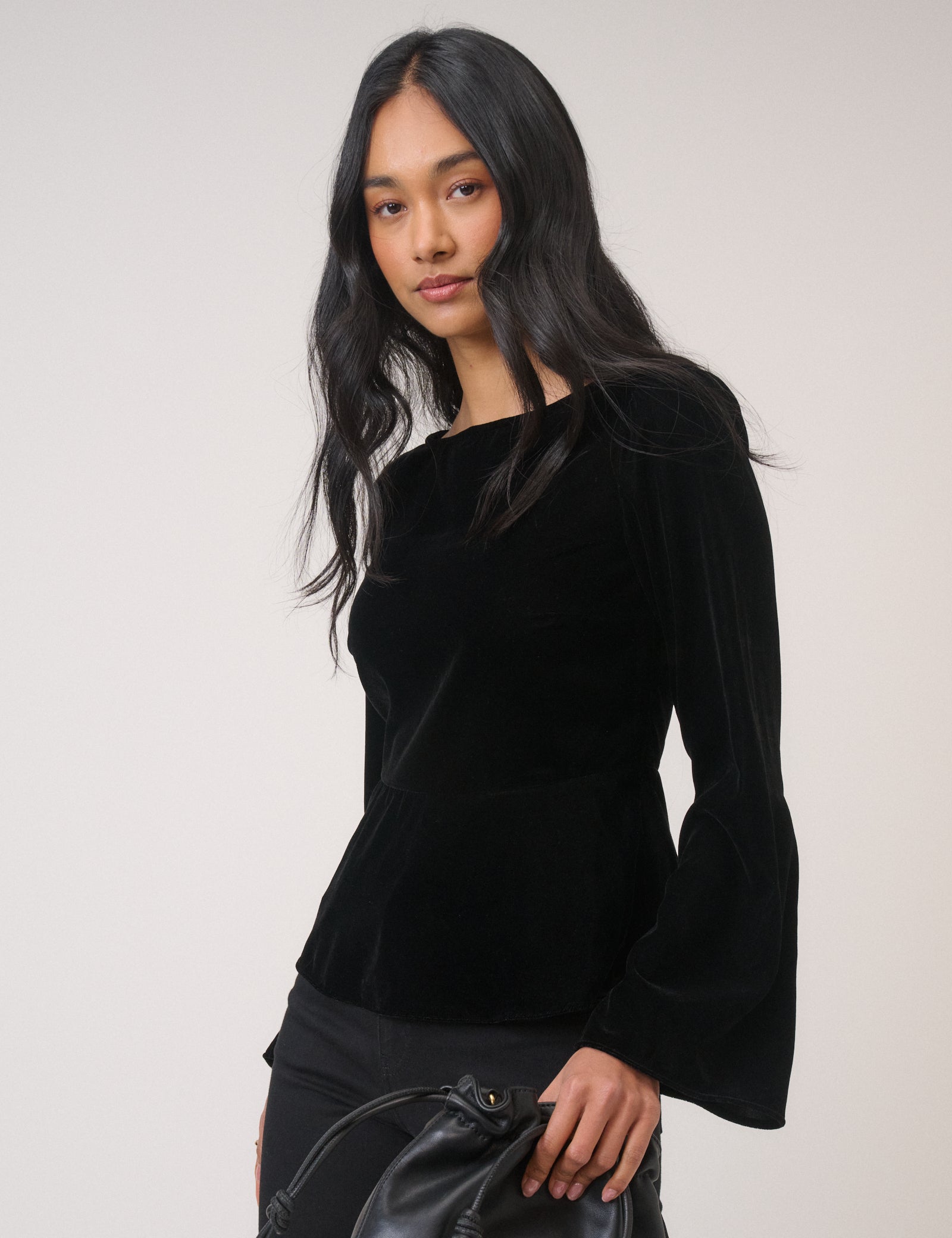 Black Velvet Long Sleeve Peplum Top