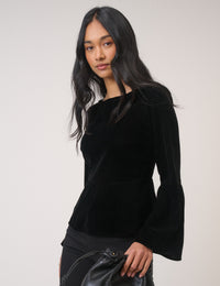 Black Velvet Long Sleeve Peplum Top