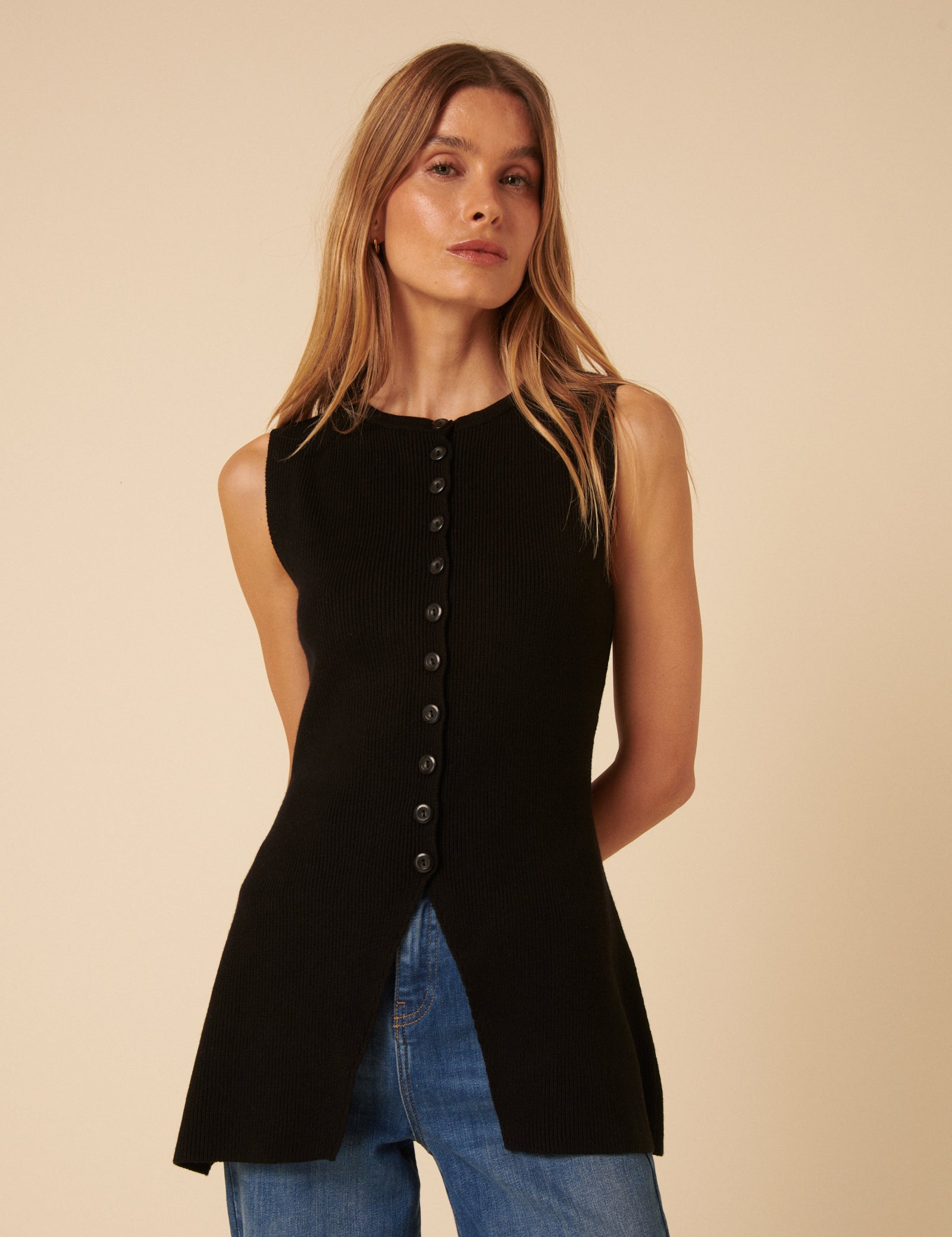 Black Longline Knitted Waistcoat