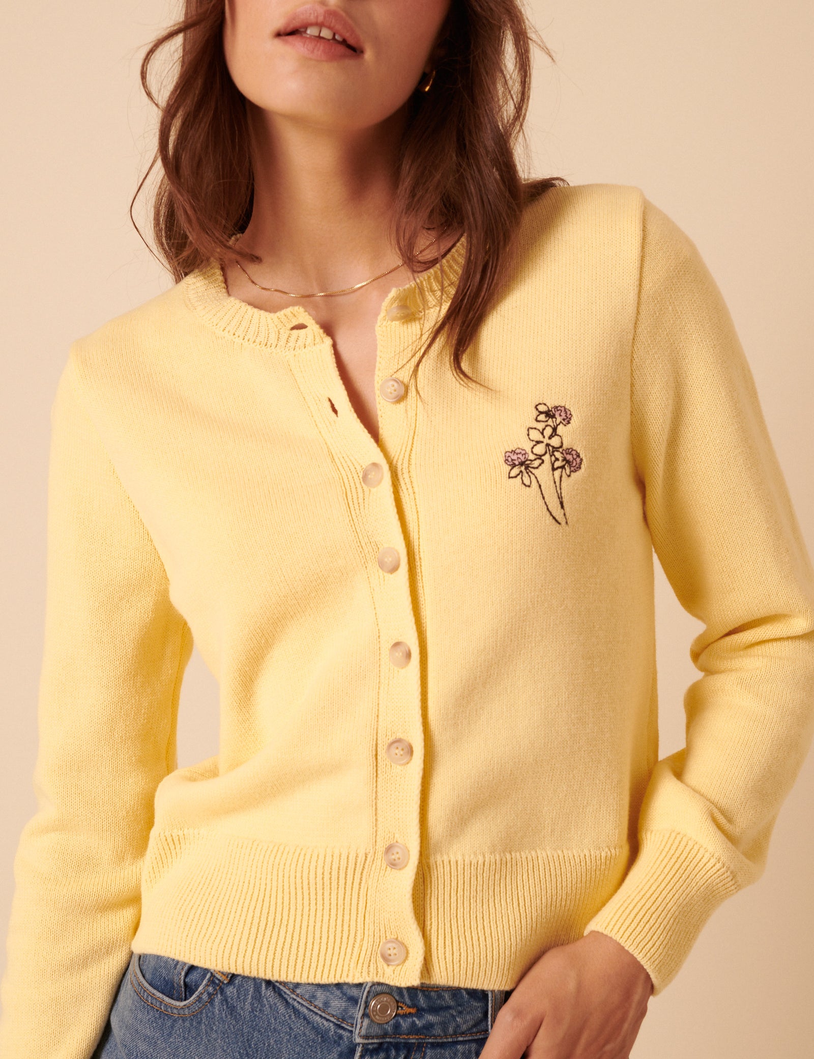 Yellow Embroidered Crew Neck Cardigan