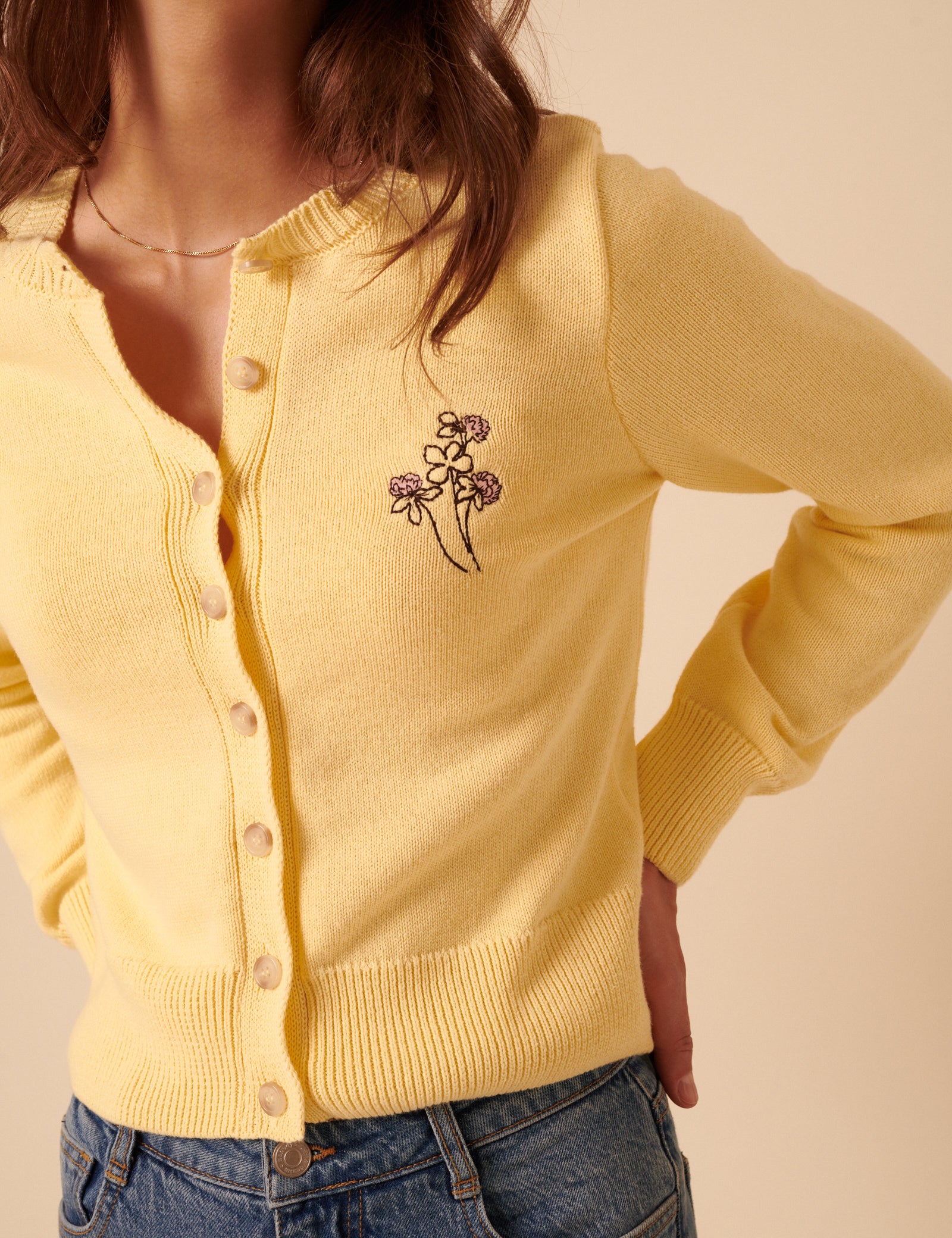 Yellow Embroidered Crew Neck Cardigan