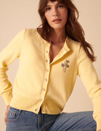 Yellow Embroidered Crew Neck Cardigan