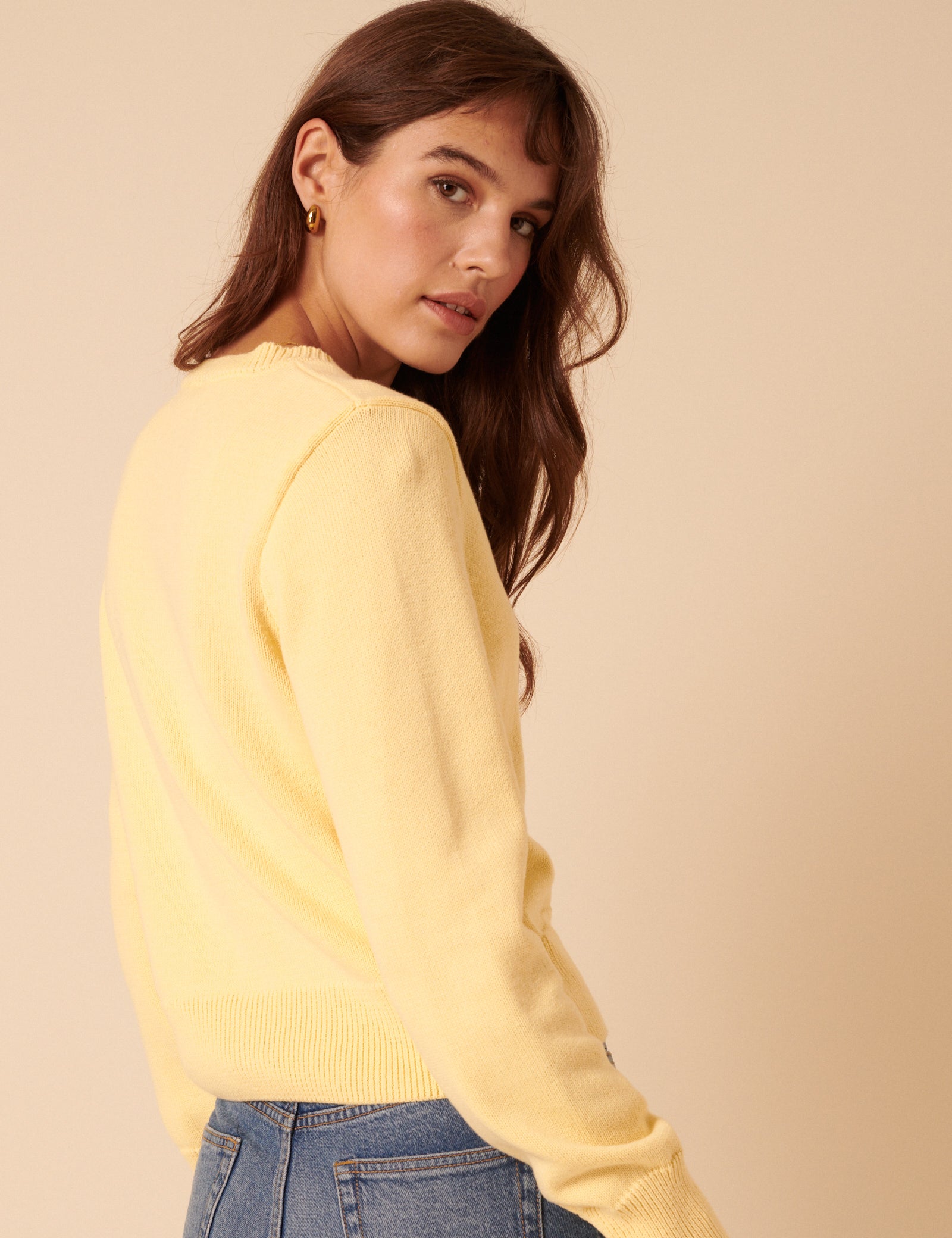 Yellow Embroidered Crew Neck Cardigan