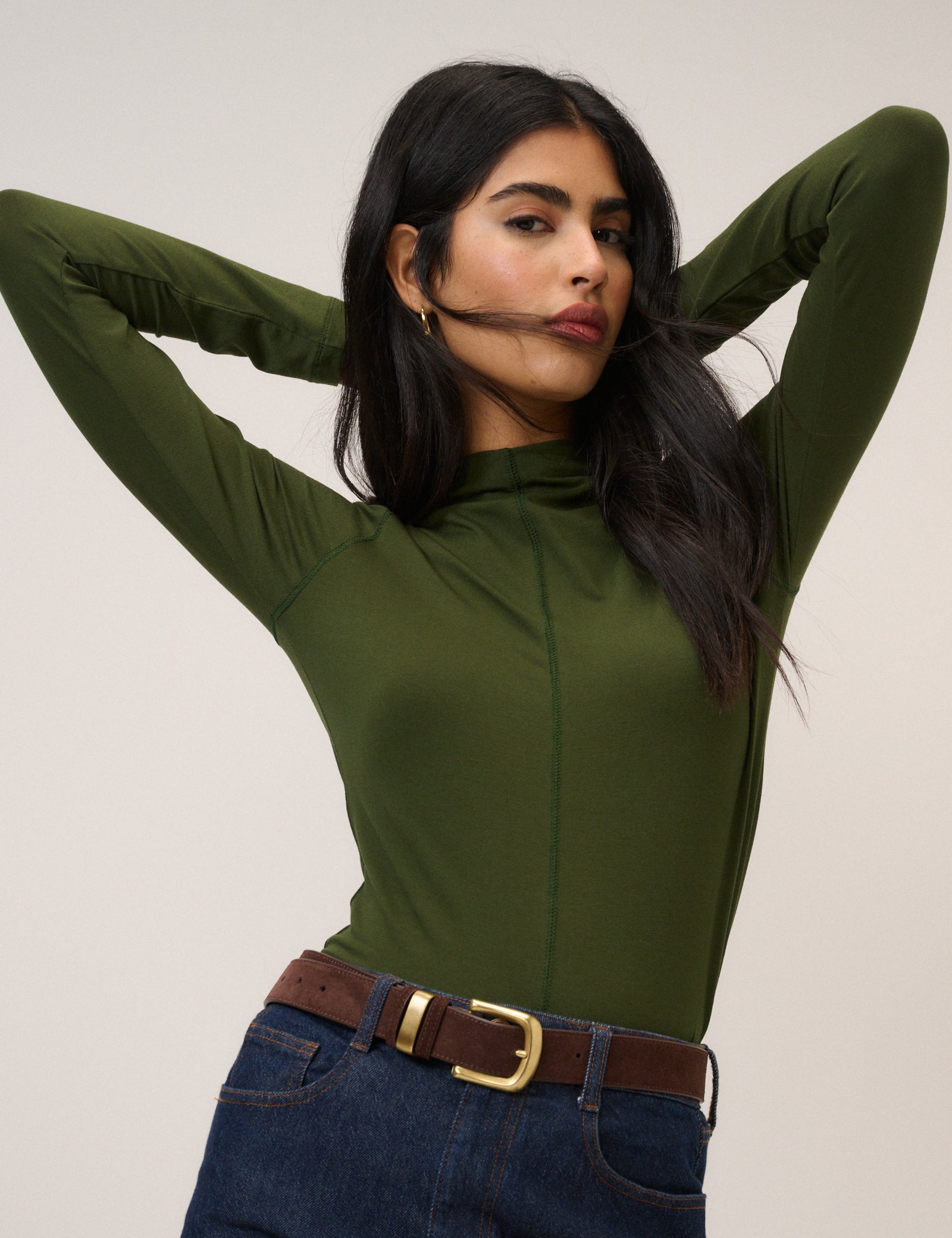 Khaki Long Sleeve High Neck Jersey Top