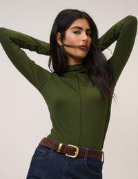 Khaki Long Sleeve High Neck Jersey Top