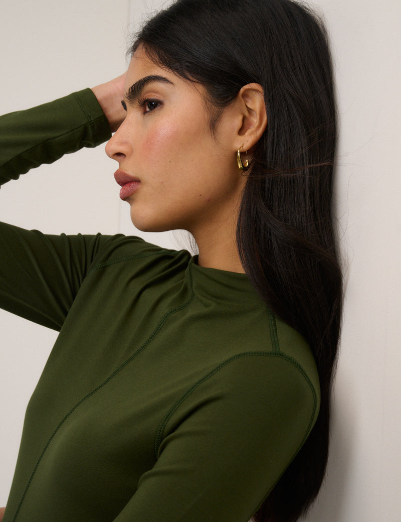 Khaki Long Sleeve High Neck Jersey Top