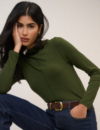 Khaki Long Sleeve High Neck Jersey Top