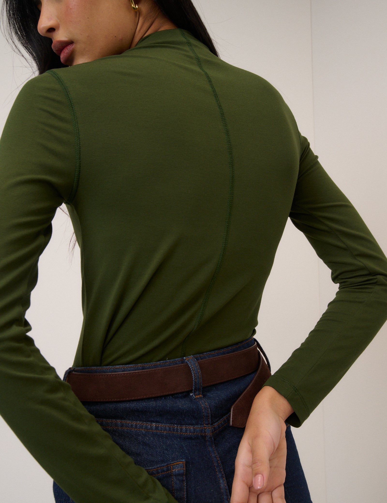 Khaki Long Sleeve High Neck Jersey Top