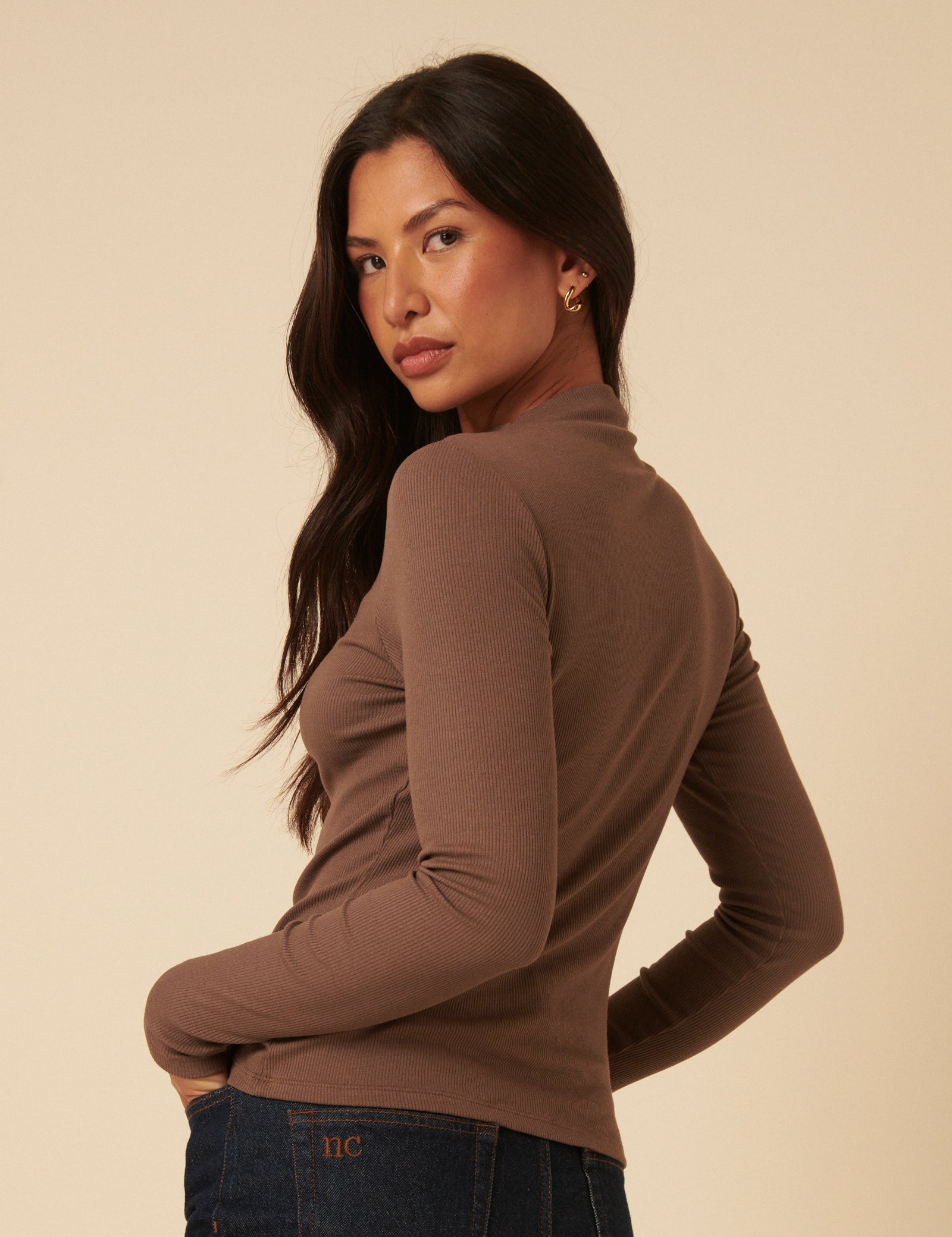 Brown Ribbed High Neck Top