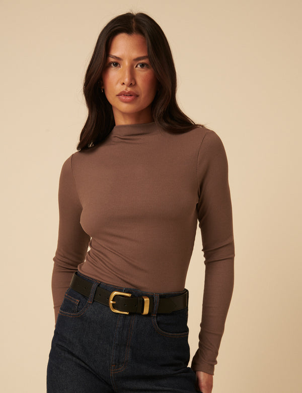 Brown Ribbed High Neck Long Sleeve Top