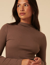 Brown Ribbed High Neck Top