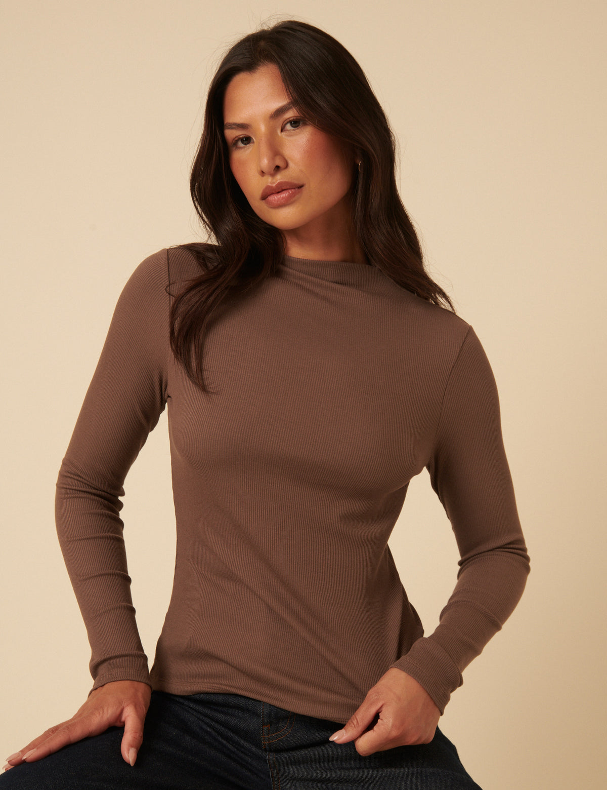 Brown Ribbed High Neck Long Sleeve Top