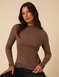 Brown Ribbed High Neck Top