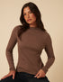 Brown Ribbed High Neck Long Sleeve Top