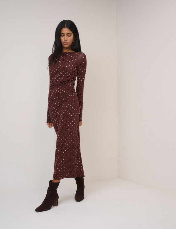Chocolate Brown Polka Dot Laurella Midi Dress