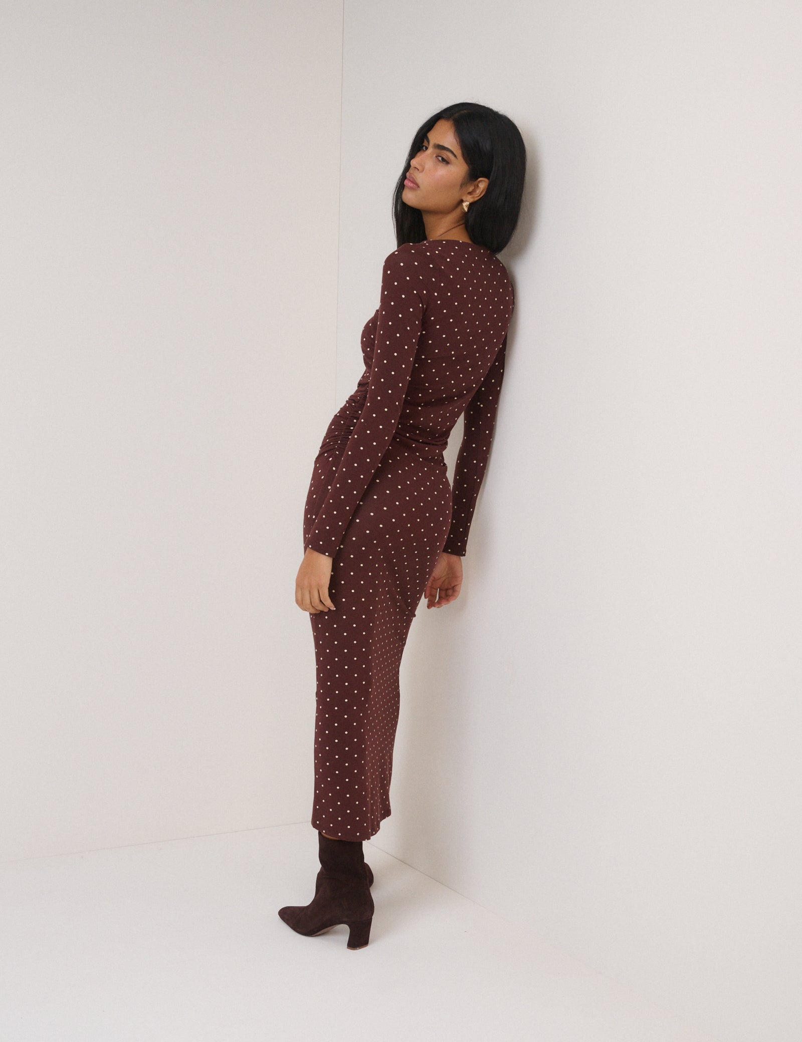 chocolate midi dress long sleeve ASOS DESIGN long sleeve high neck pleated bodice midi dress in chocolate