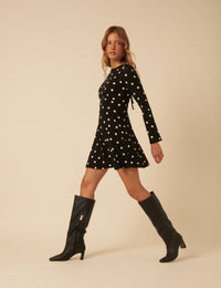 Black Polka Dot Long Sleeve Jersey Tate Mini Dress