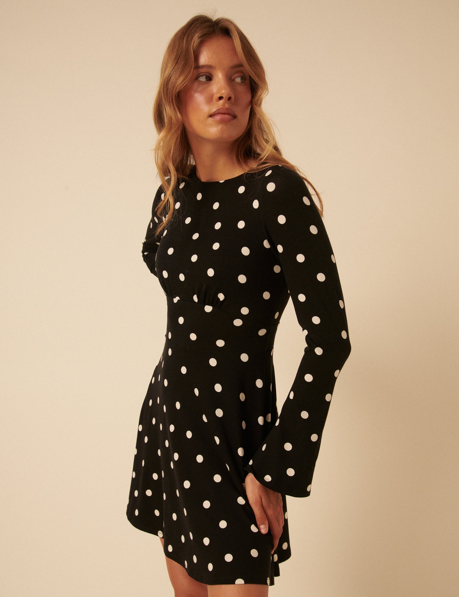 Black Polka Dot Long Sleeve Jersey Tate Mini Dress