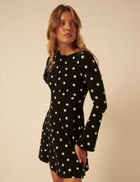 Black Polka Dot Long Sleeve Jersey Tate Mini Dress