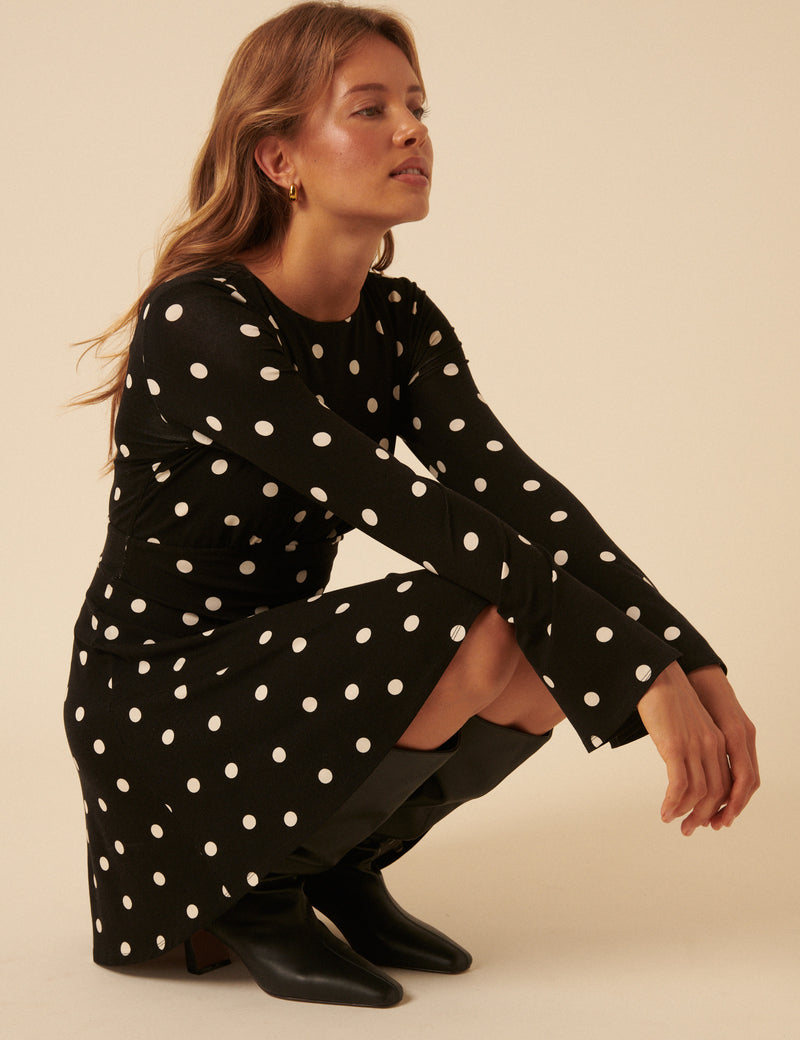 black dress with white polka dots Maricia Mini - Dot Print The Dayla Polka Dot Day Dress playful polka dot print Black Polka Dot Long Sleeve