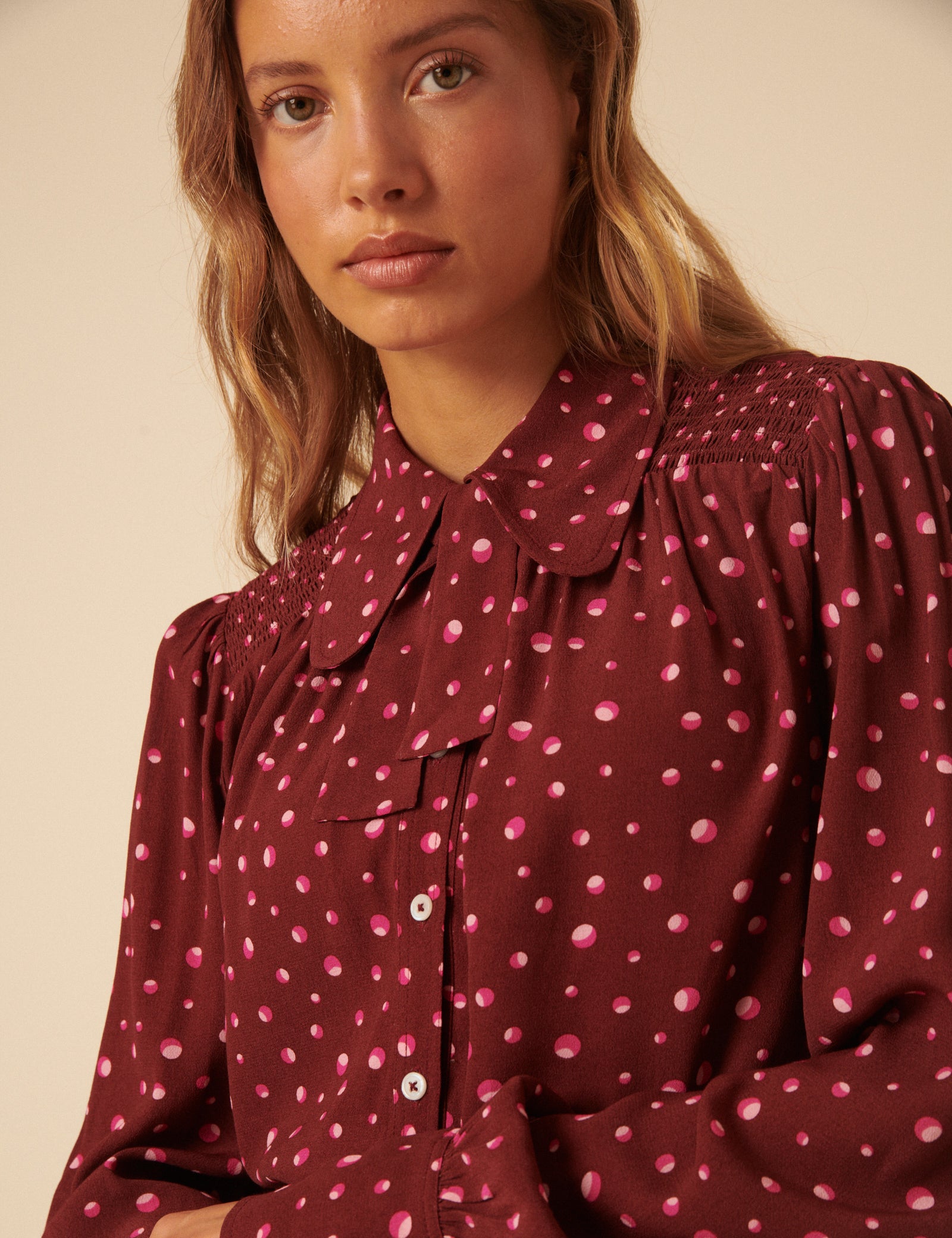 NC x Lisou Burgundy Crepe Statement Collar Blouse