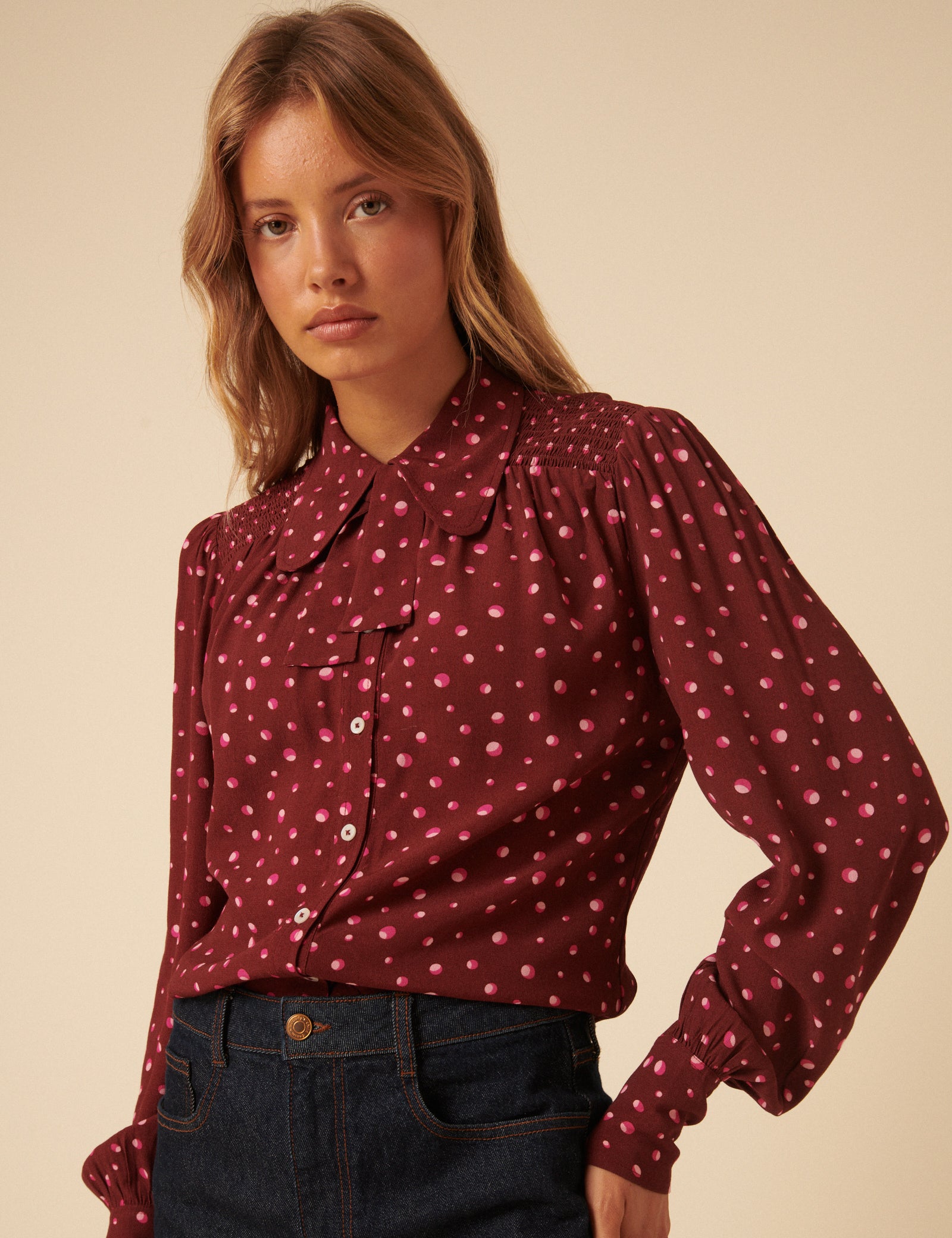NC x Lisou Burgundy Crepe Statement Collar Blouse