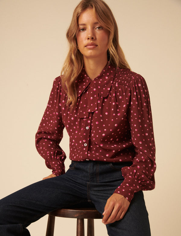 NC x Lisou Burgundy Crepe Statement Collar Blouse