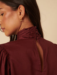 NC x Lisou Burgundy Satin Tie Neck Long Sleeve Blouse