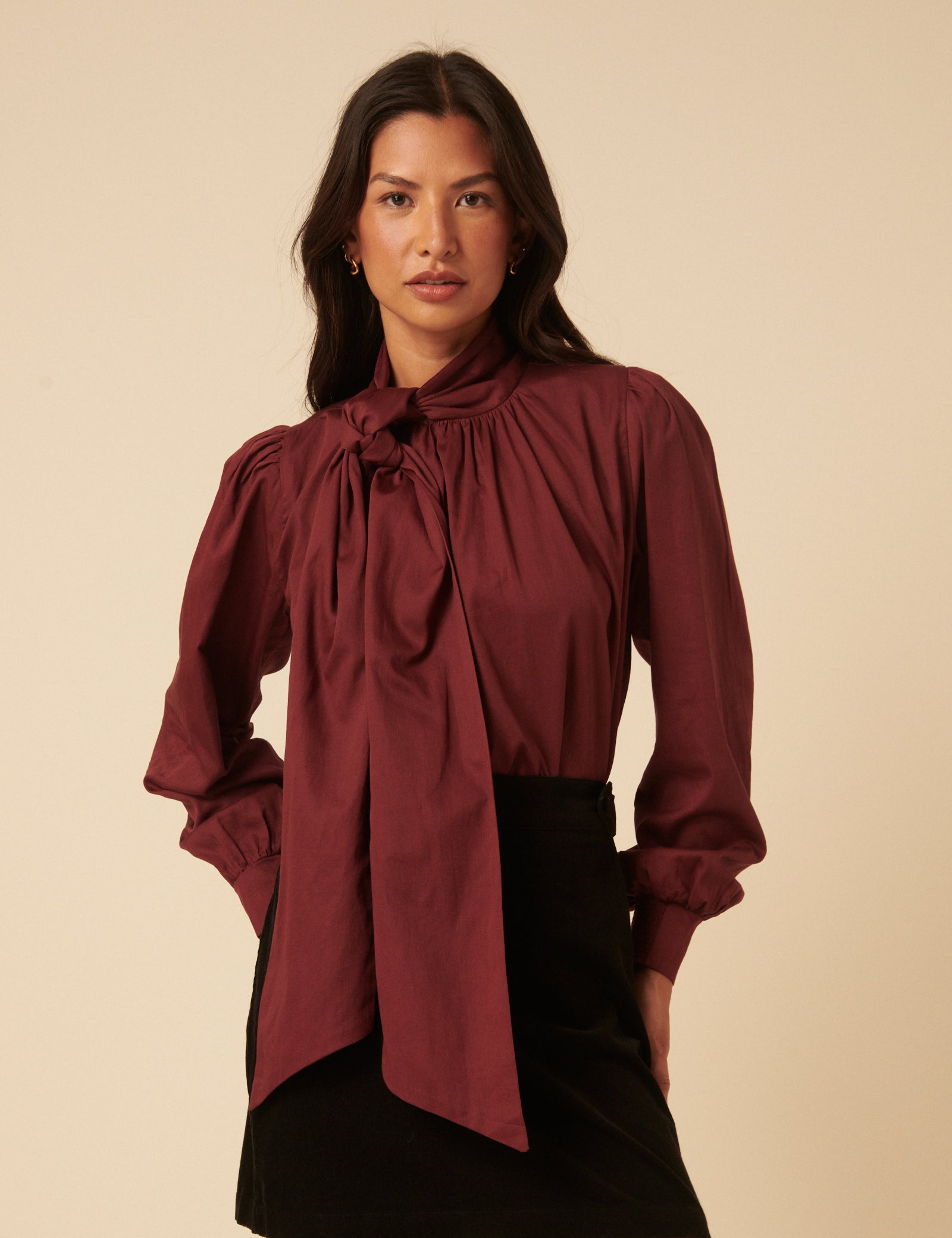 NC x Lisou Burgundy Satin Tie Neck Long Sleeve Blouse