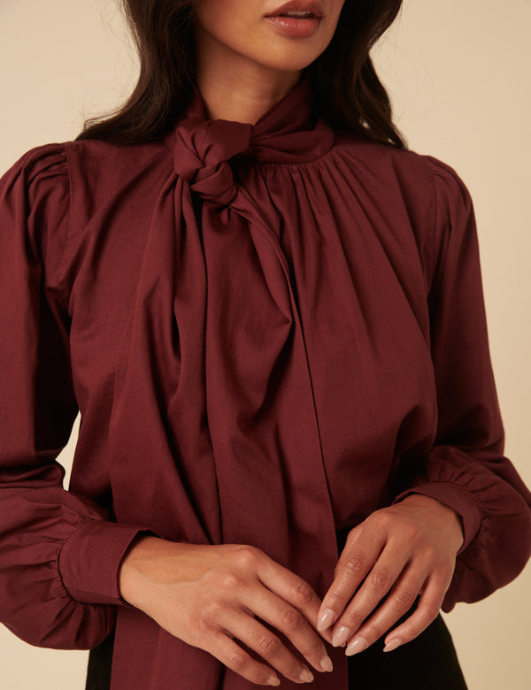 NC x Lisou Burgundy Satin Tie Neck Long Sleeve Blouse
