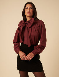 NC x Lisou Burgundy Satin Tie Neck Long Sleeve Blouse