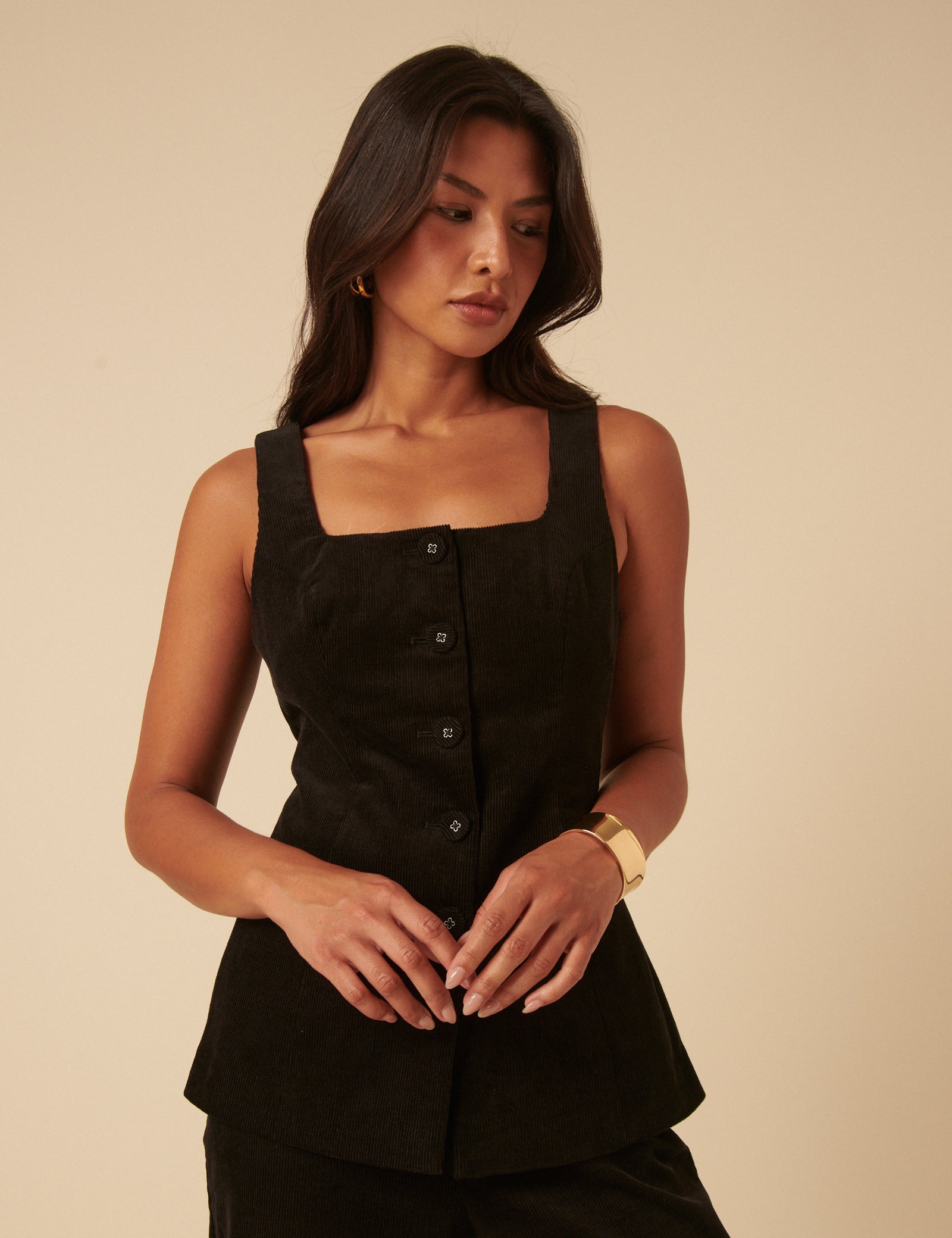 NC x Lisou Black Cord Longline Tailored Waistcoat